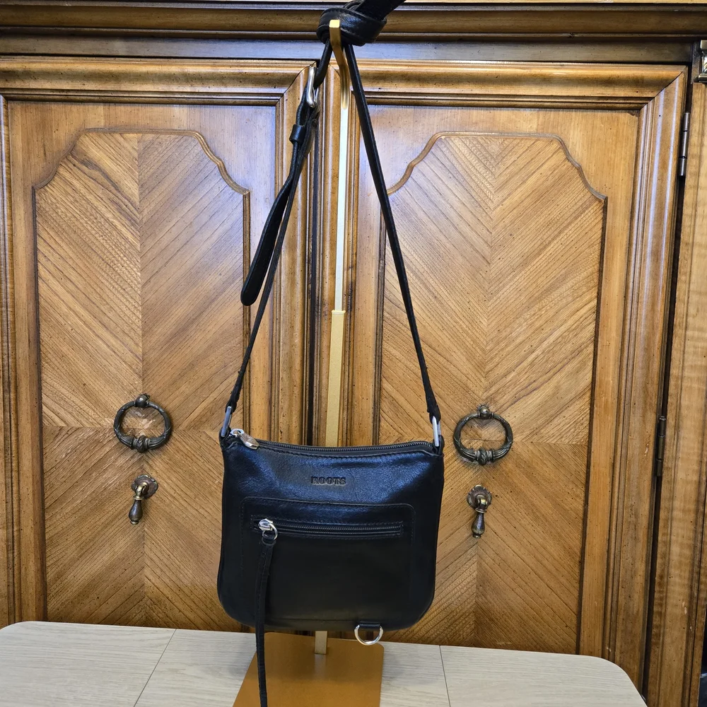 Roots Slim Black Leather Crossbody Bag - Picture 2 of 7